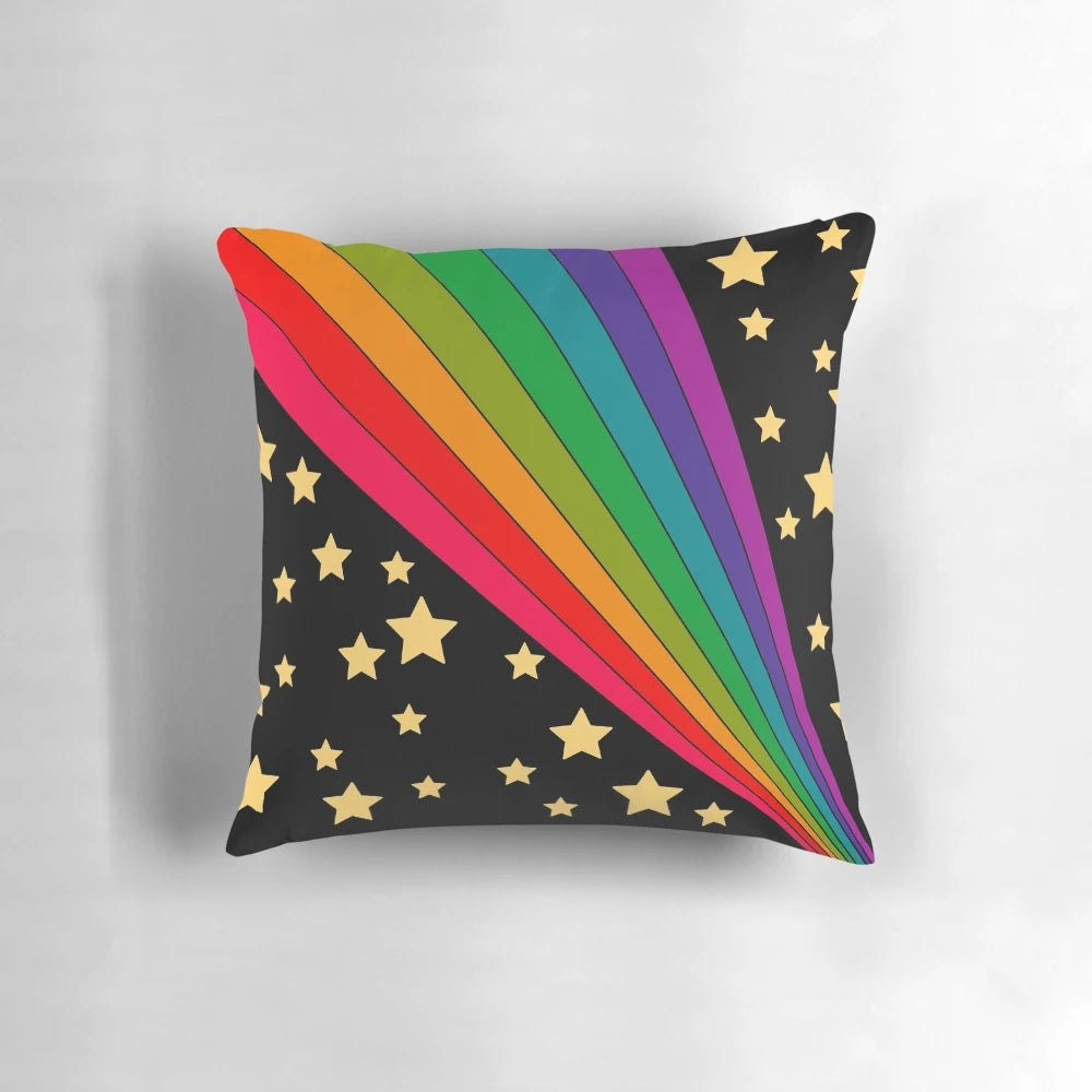 Colorful pillow featuring a psychedelic design with stars and a rainbow pattern