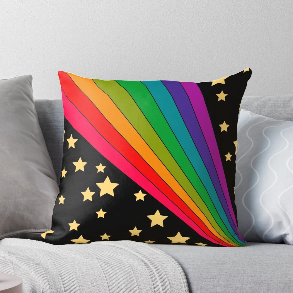 Colorful pillow featuring a psychedelic design with stars and a rainbow pattern