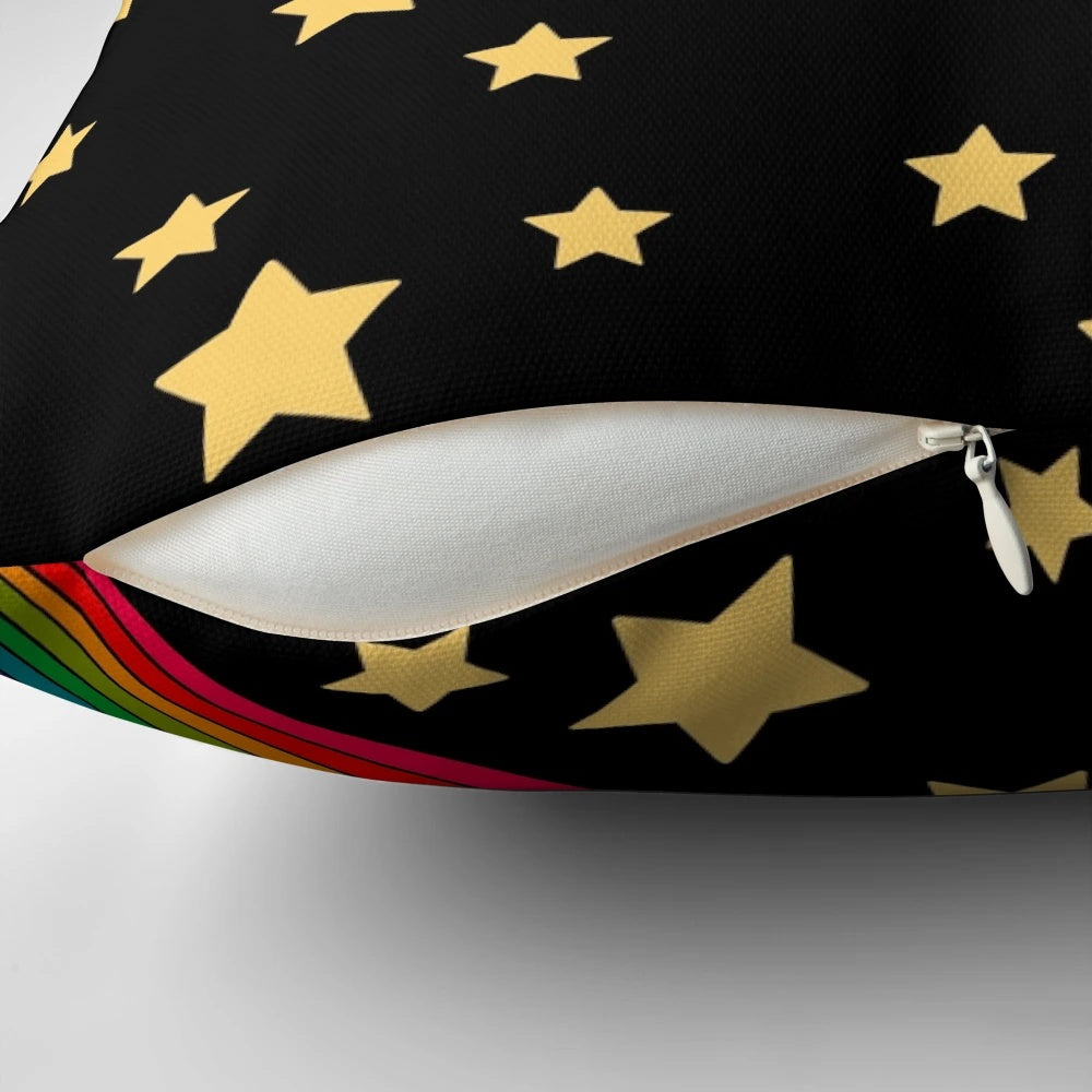 Colorful pillow featuring a psychedelic design with stars and a rainbow pattern