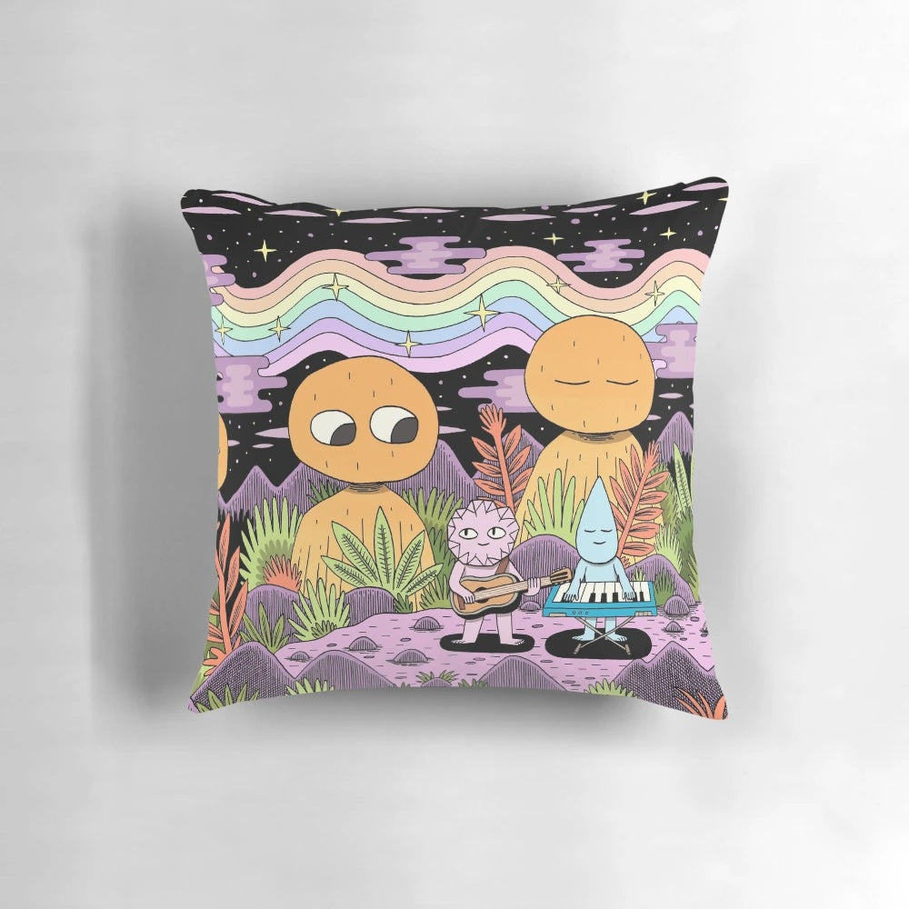 Vibrant cosmic-inspired rainbow pillow with musical elements for a soothing, positive energy boost.