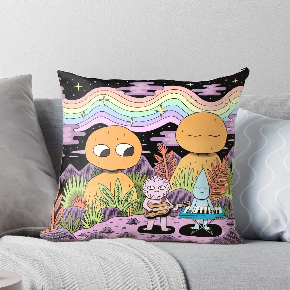 Vibrant cosmic-inspired rainbow pillow with musical elements for a soothing, positive energy boost.