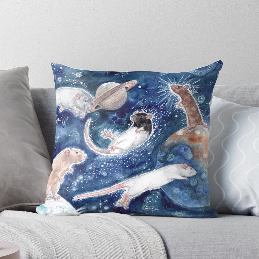 A plush pillow featuring a whimsical design of a rat silhouette against a starry night sky background.