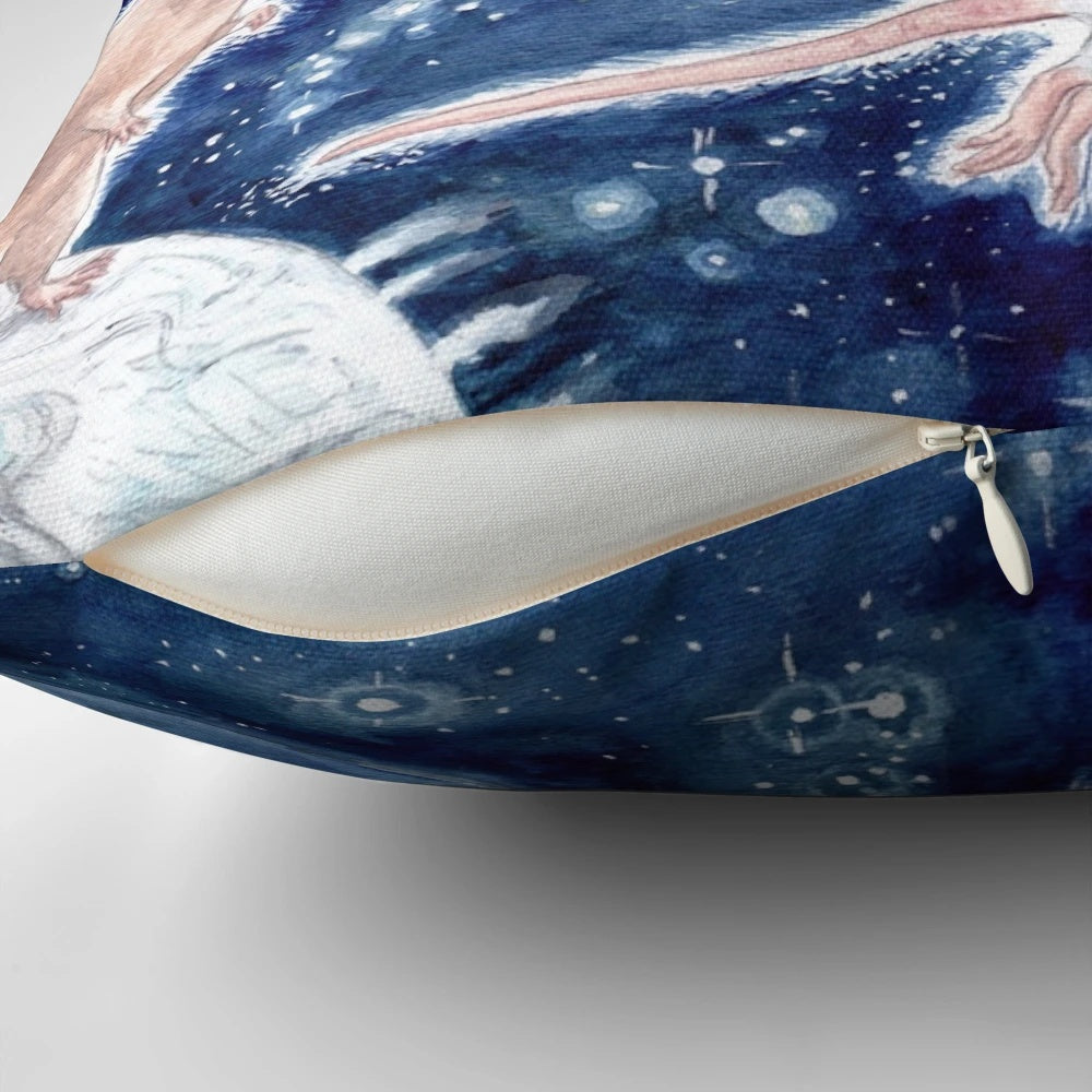 A plush pillow featuring a whimsical design of a rat silhouette against a starry night sky background.