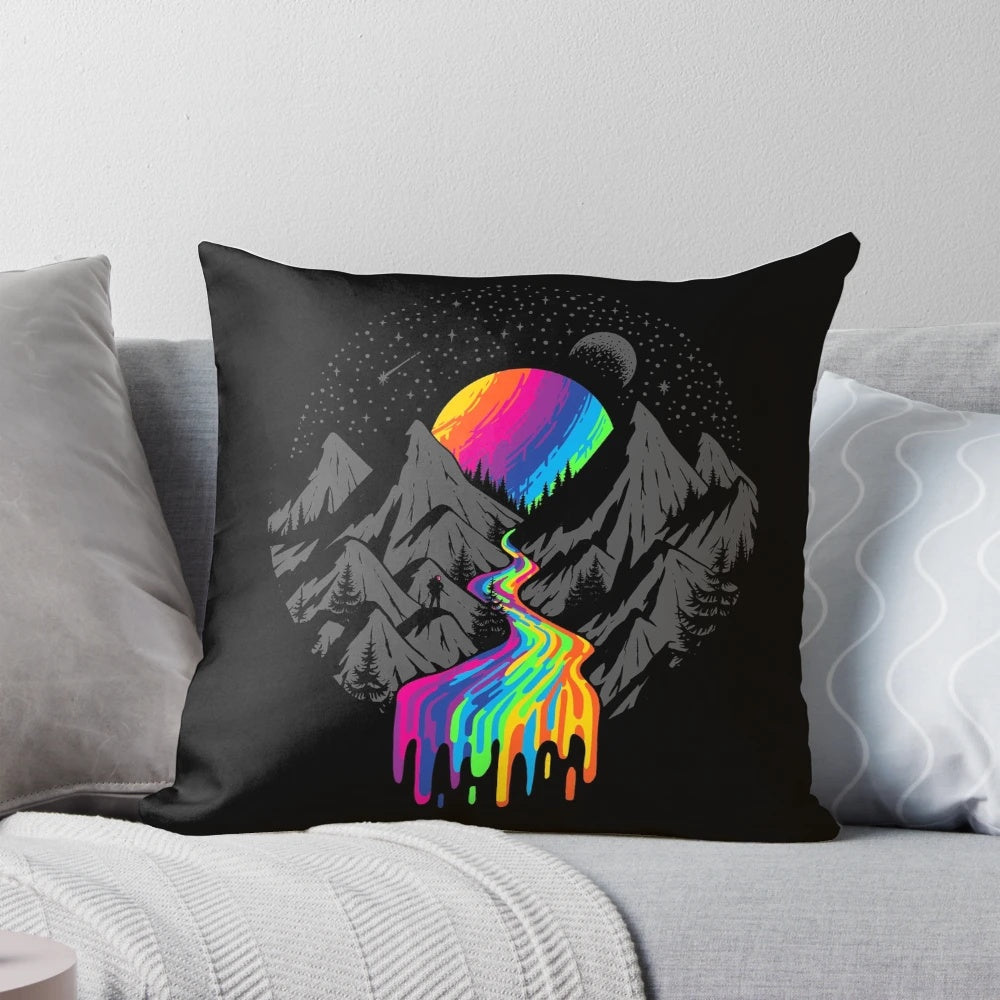 Cosmic River Pillow featuring a serene space-inspired design with planets, stars, and a flowing river of color.