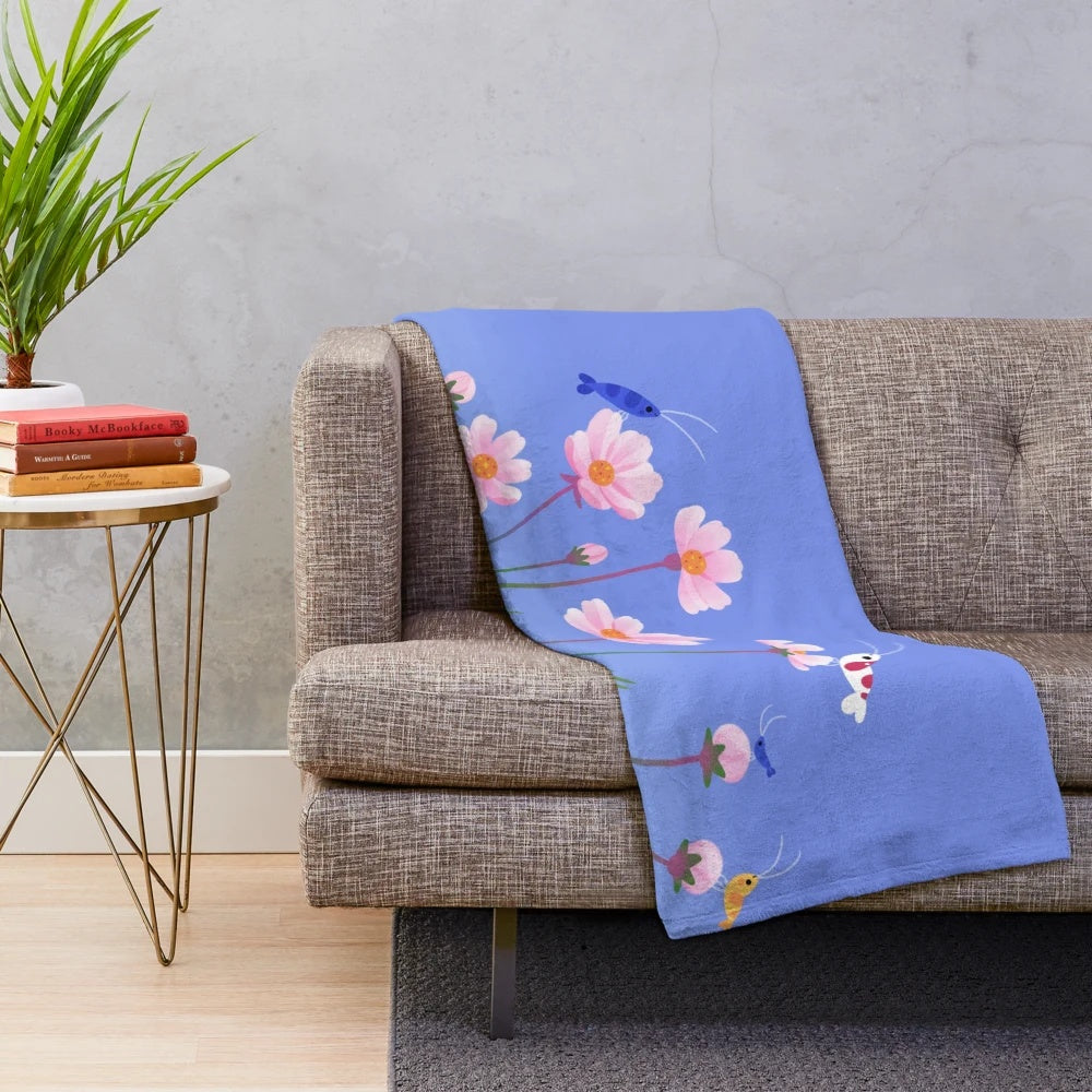 Plush blanket with cosmos flower and shrimp design