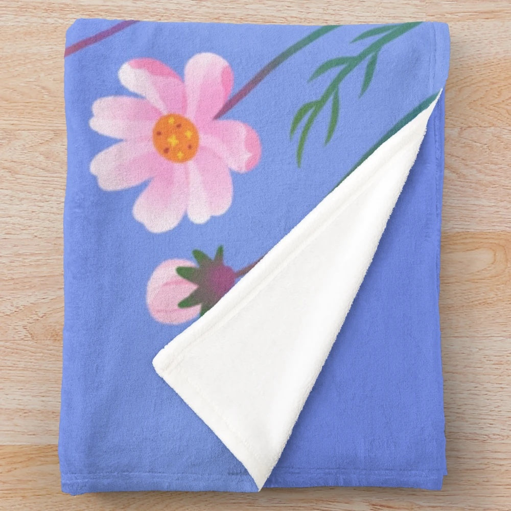 Plush blanket with cosmos flower and shrimp design