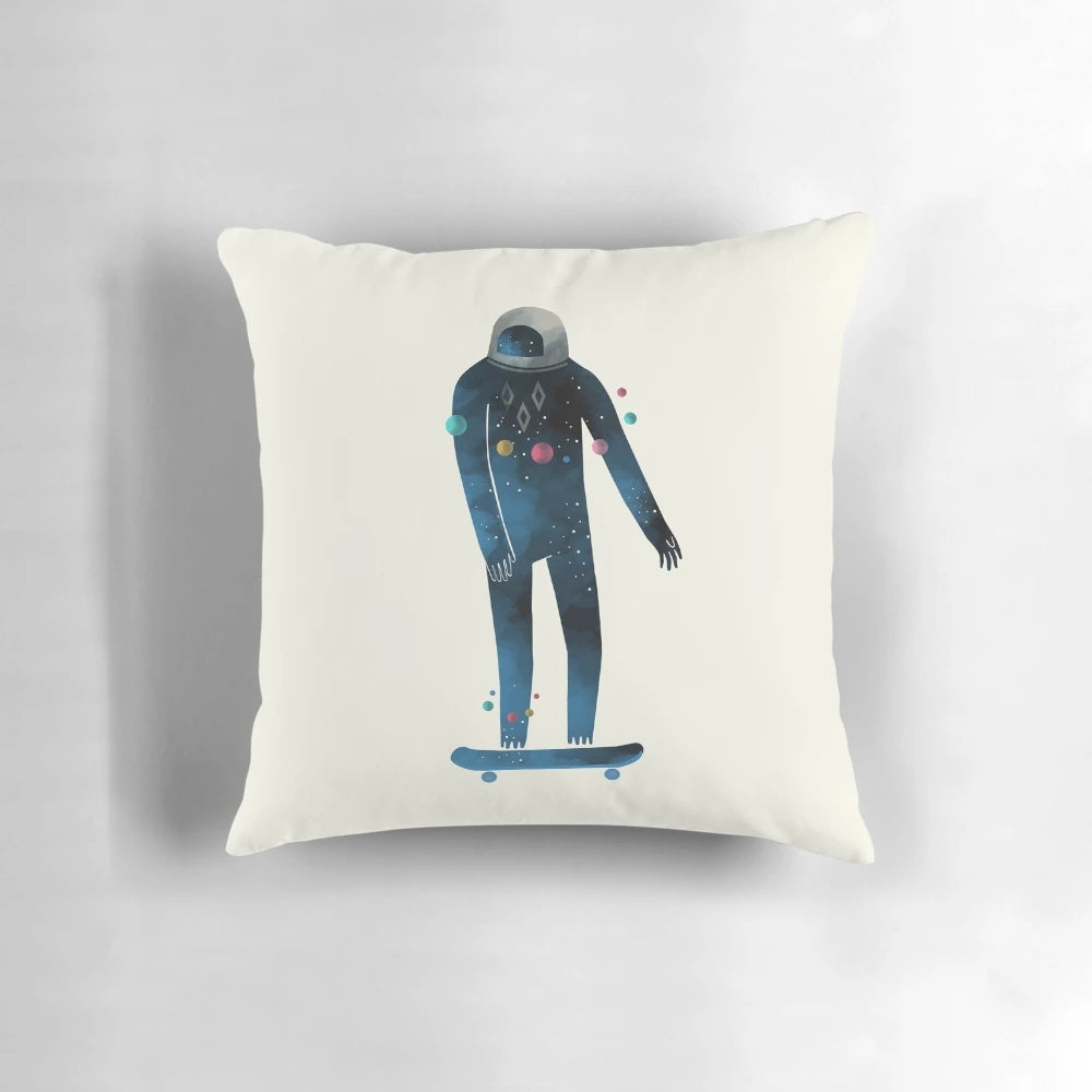 Skate-themed pillow with a space and galaxy design