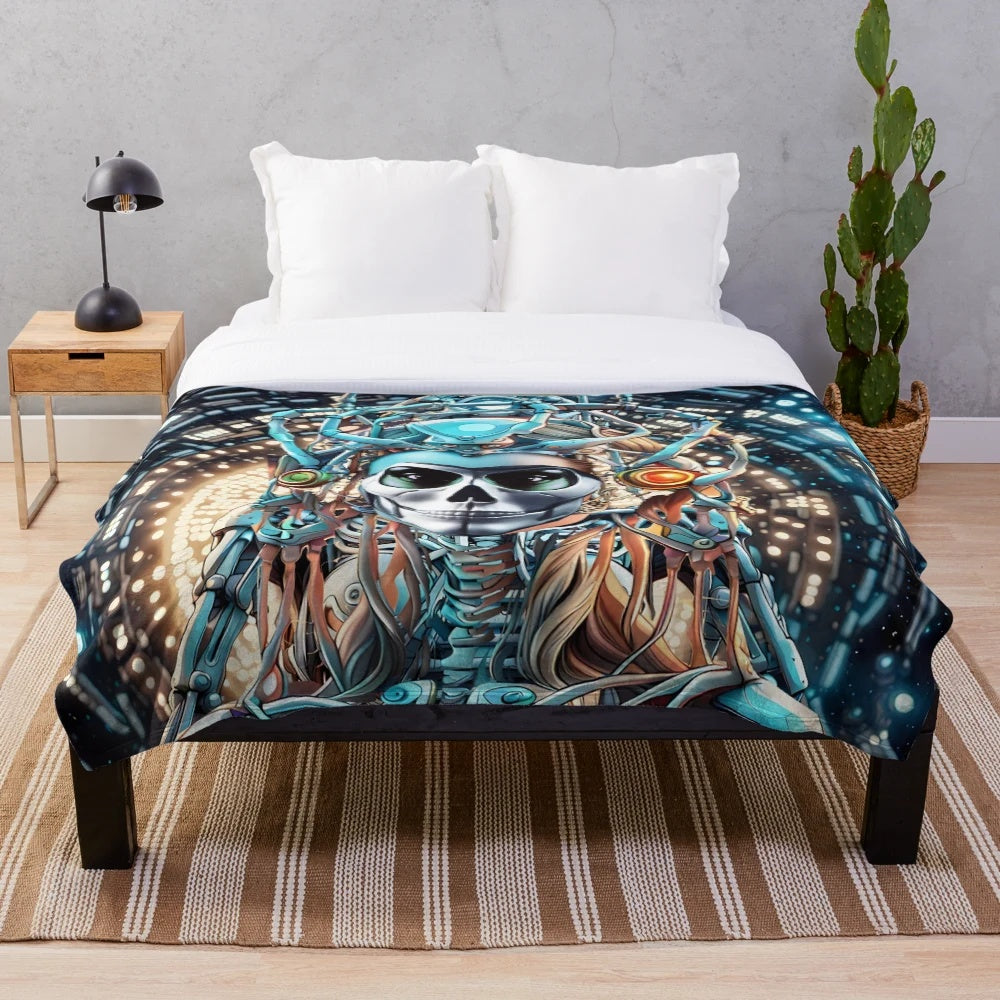 Colorful plush blanket featuring a skull design with psychedelic and intergalactic elements