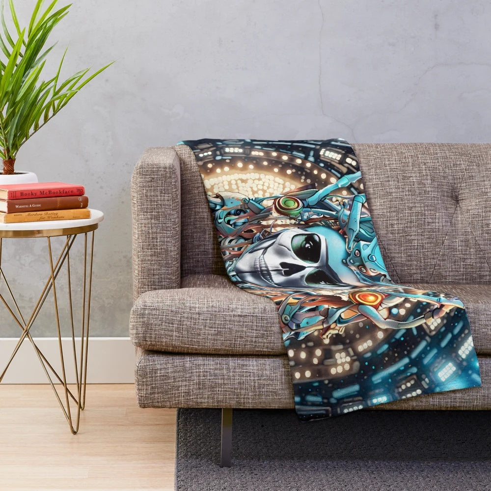 Colorful plush blanket featuring a skull design with psychedelic and intergalactic elements
