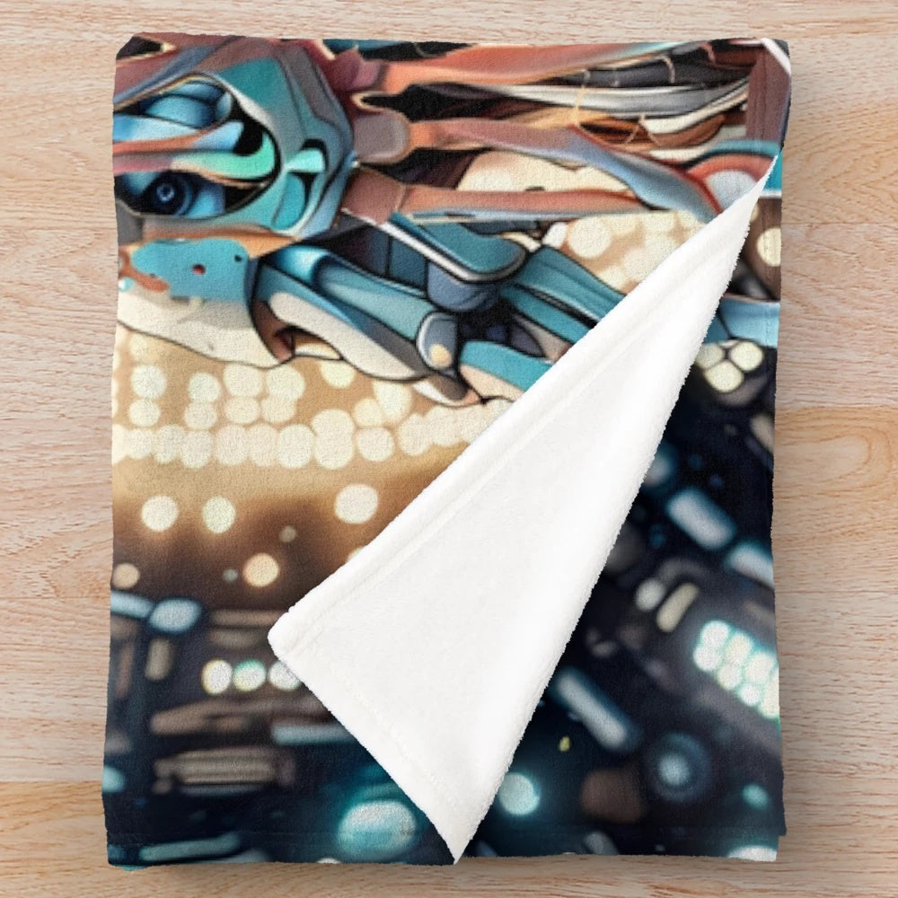 Colorful plush blanket featuring a skull design with psychedelic and intergalactic elements