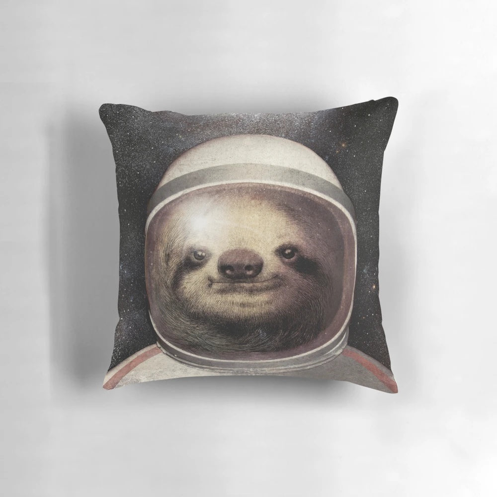Illustration of a sloth wearing an astronaut helmet, floating in the starry universe