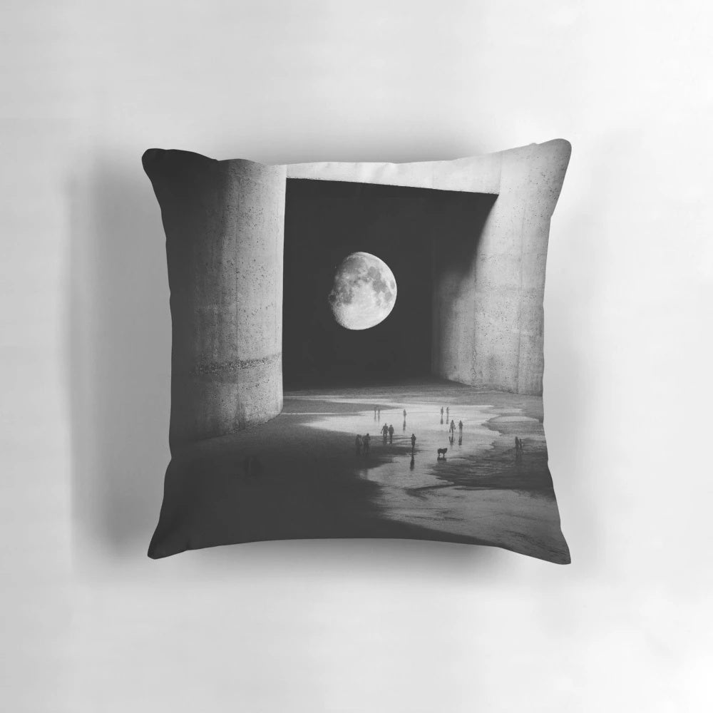 Monochrome abstract landscape pillow with moon, stars, and spaceman floating in orbit