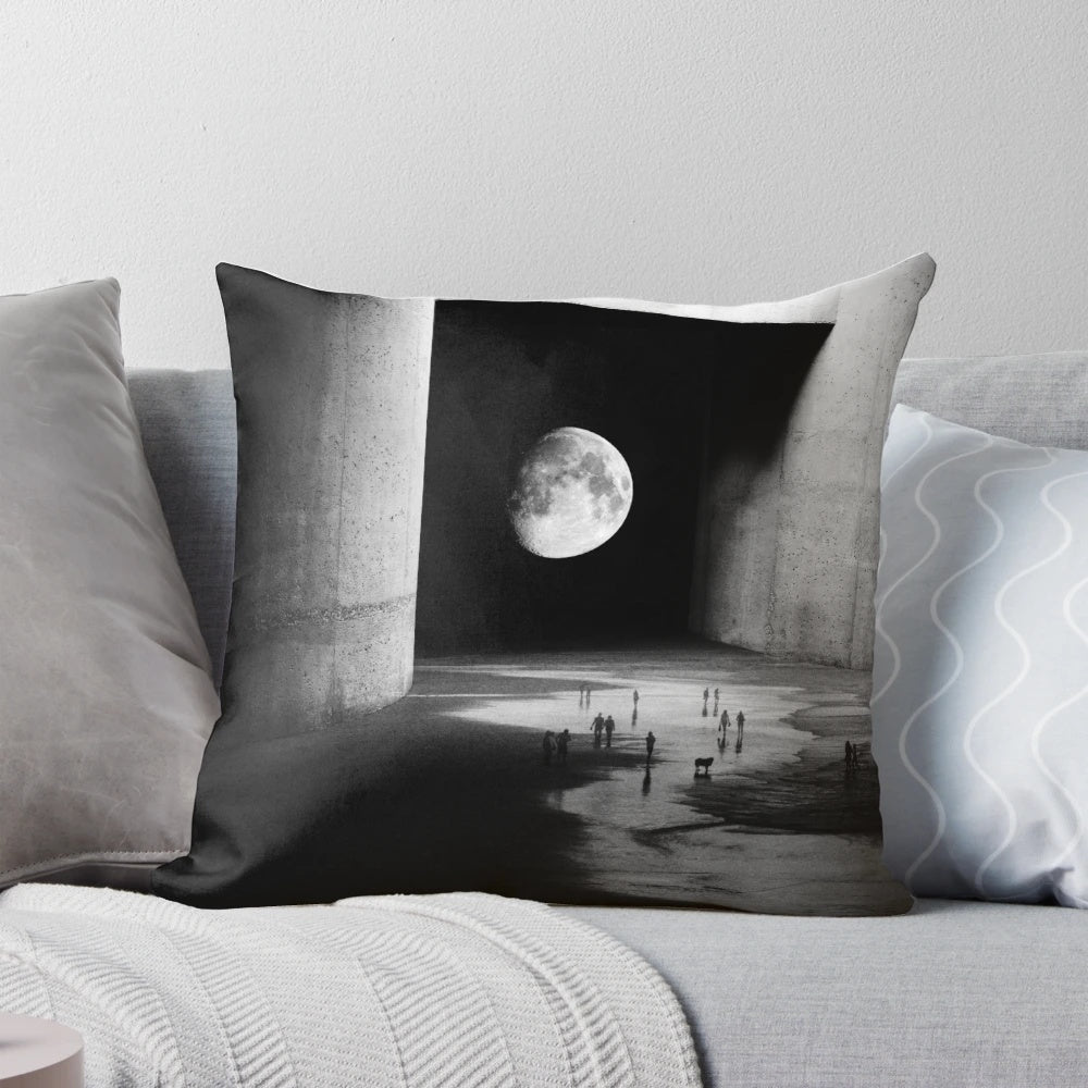 Monochrome abstract landscape pillow with moon, stars, and spaceman floating in orbit