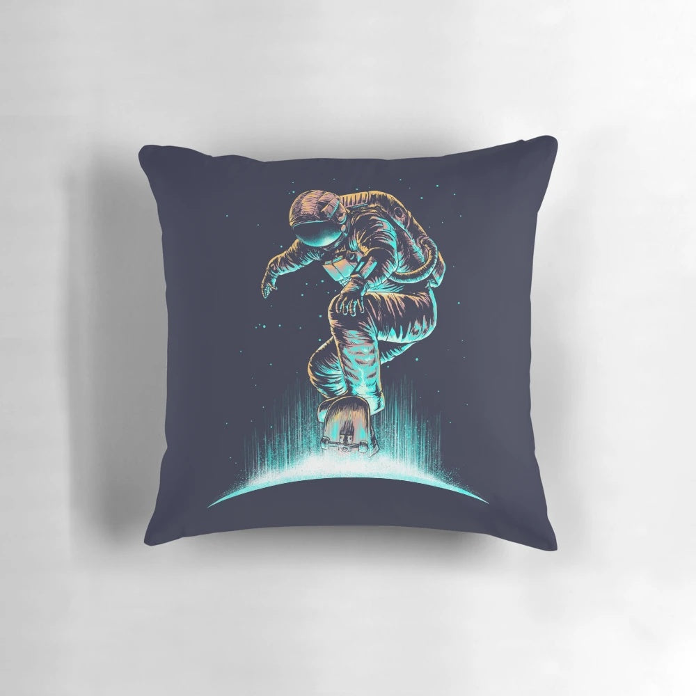 Colorful space-themed pillow with abstract, futuristic design