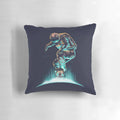 Colorful space-themed pillow with abstract, futuristic design