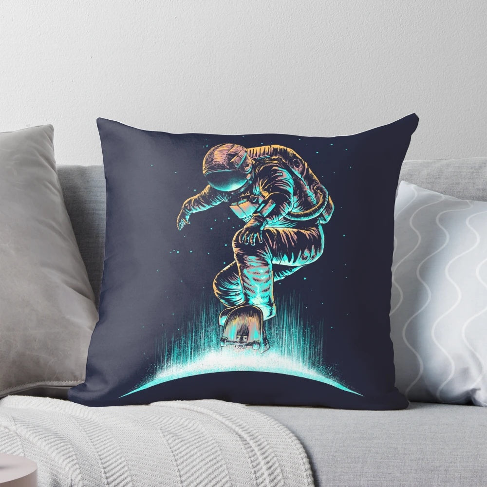 Colorful space-themed pillow with abstract, futuristic design