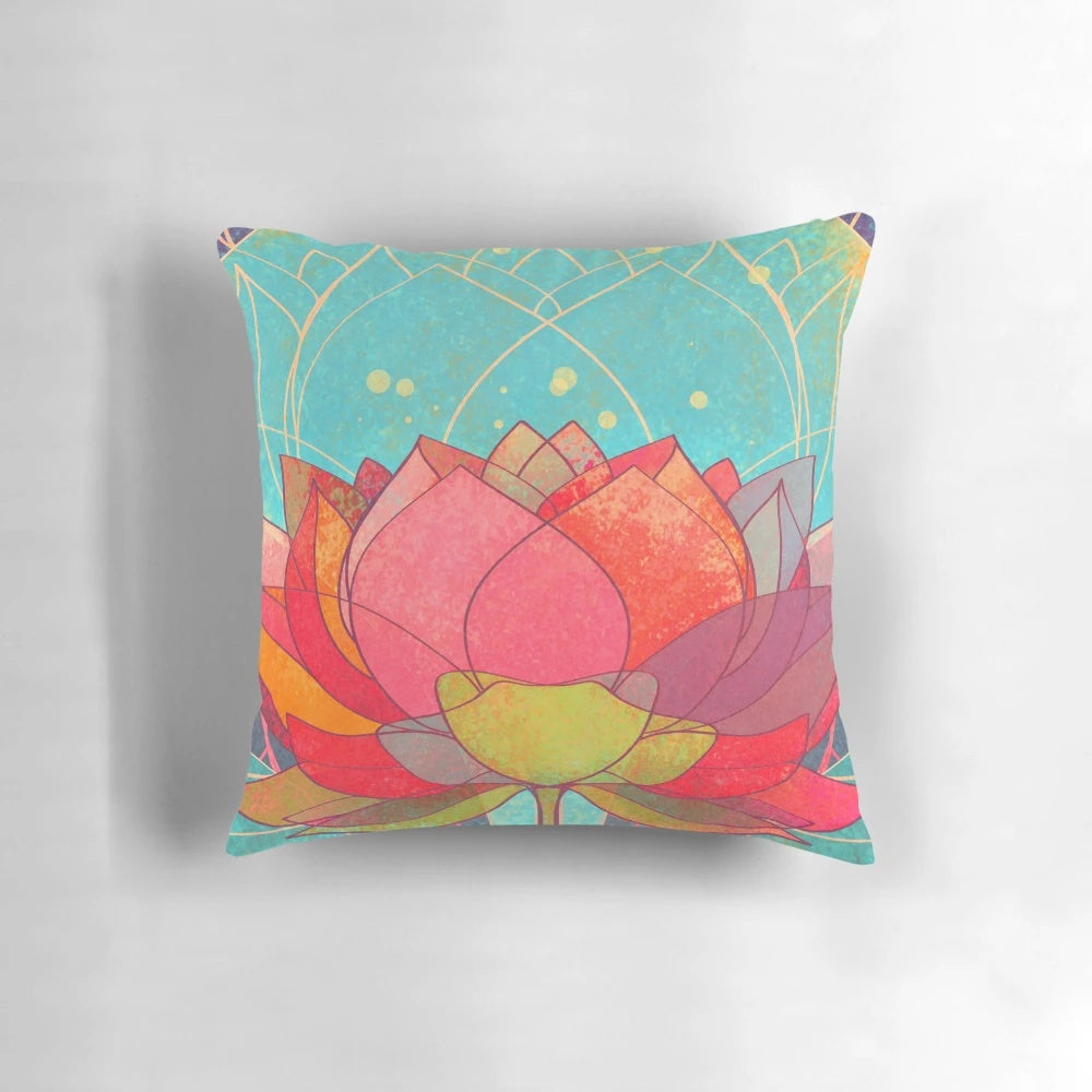 Space lotus flower pillow with cosmic, blue, and red petals in a fantastic, galactic design