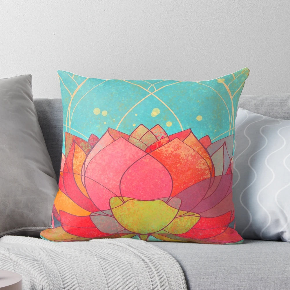 Space lotus flower pillow with cosmic, blue, and red petals in a fantastic, galactic design