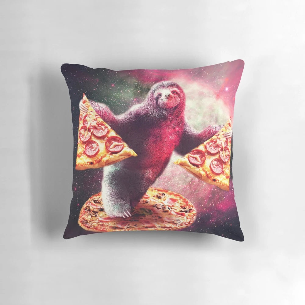 Whimsical throw pillow featuring a funny sloth floating in space while enjoying a slice of pizza against a backdrop of stars and galaxies.