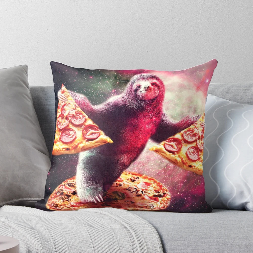Whimsical throw pillow featuring a funny sloth floating in space while enjoying a slice of pizza against a backdrop of stars and galaxies.
