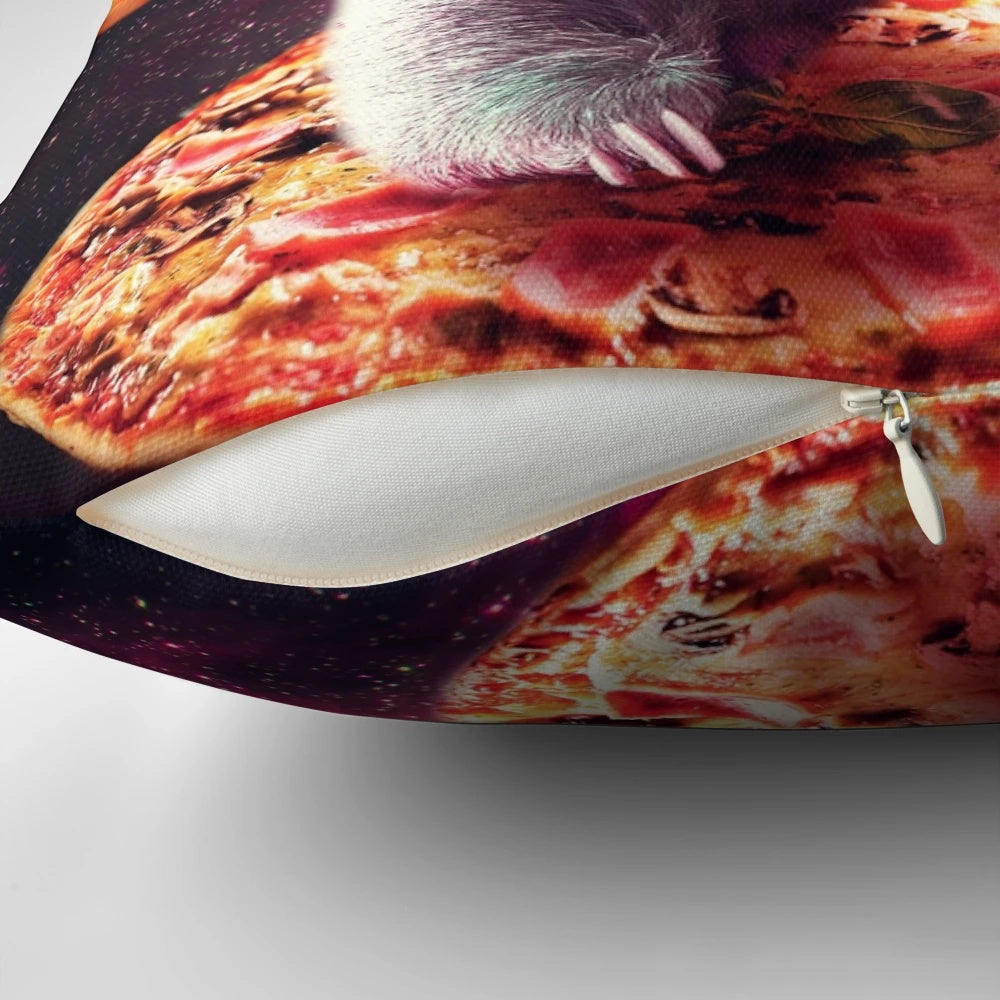 Whimsical throw pillow featuring a funny sloth floating in space while enjoying a slice of pizza against a backdrop of stars and galaxies.