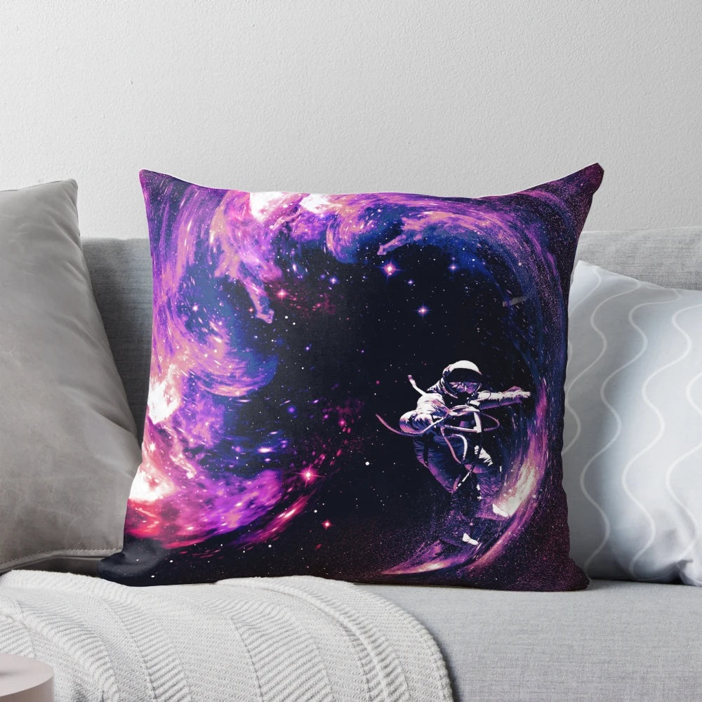 Vibrant space surfing astronaut pillow with cosmic galaxy and stars design