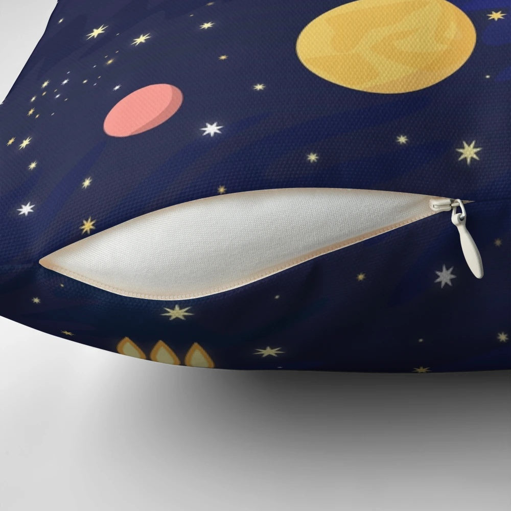 A colorful and whimsical space-themed pillow with illustrations of rockets, stars, planets, and the cosmos.