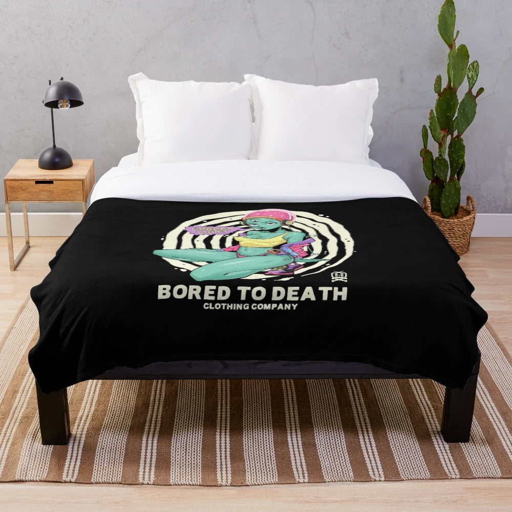 Cosmic-themed plush blanket featuring retro cartoon and dark humor design