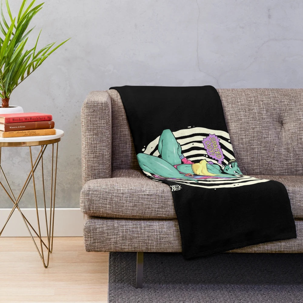 Cosmic-themed plush blanket featuring retro cartoon and dark humor design