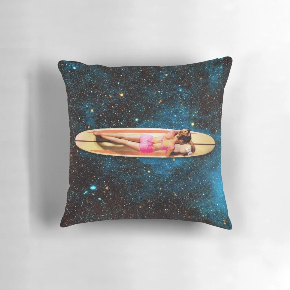 Pleiadian Surfer Pillow featuring a dreamy, psychedelic collage art design with cosmic, surreal elements.