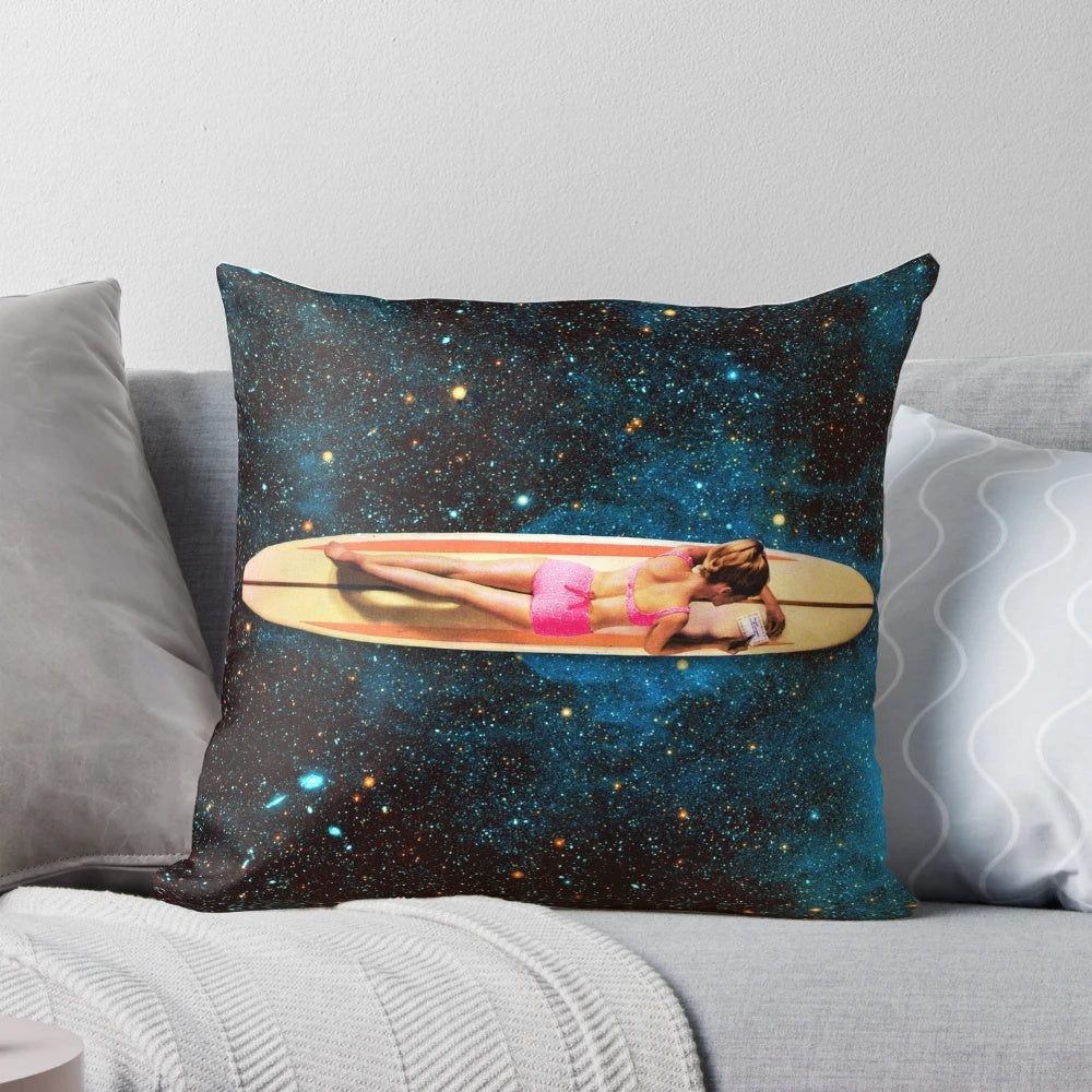 Pleiadian Surfer Pillow featuring a dreamy, psychedelic collage art design with cosmic, surreal elements.