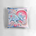 A watercolor illustration of a triceratops dinosaur against a starry, galactic backdrop on a plush, decorative pillow.