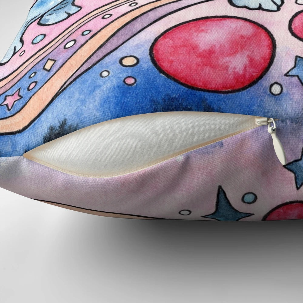 A watercolor illustration of a triceratops dinosaur against a starry, galactic backdrop on a plush, decorative pillow.