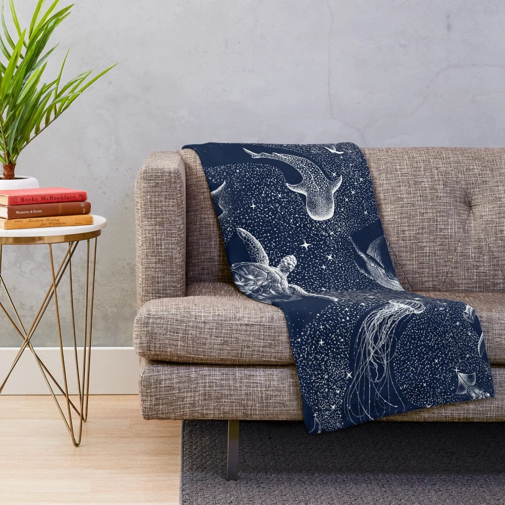 Cosmic Underwater Plush Blanket featuring marine life and galaxy design