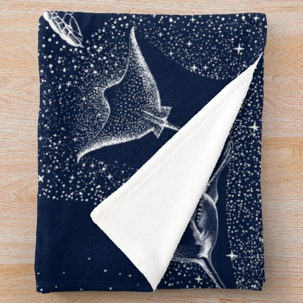 Cosmic Underwater Plush Blanket featuring marine life and galaxy design