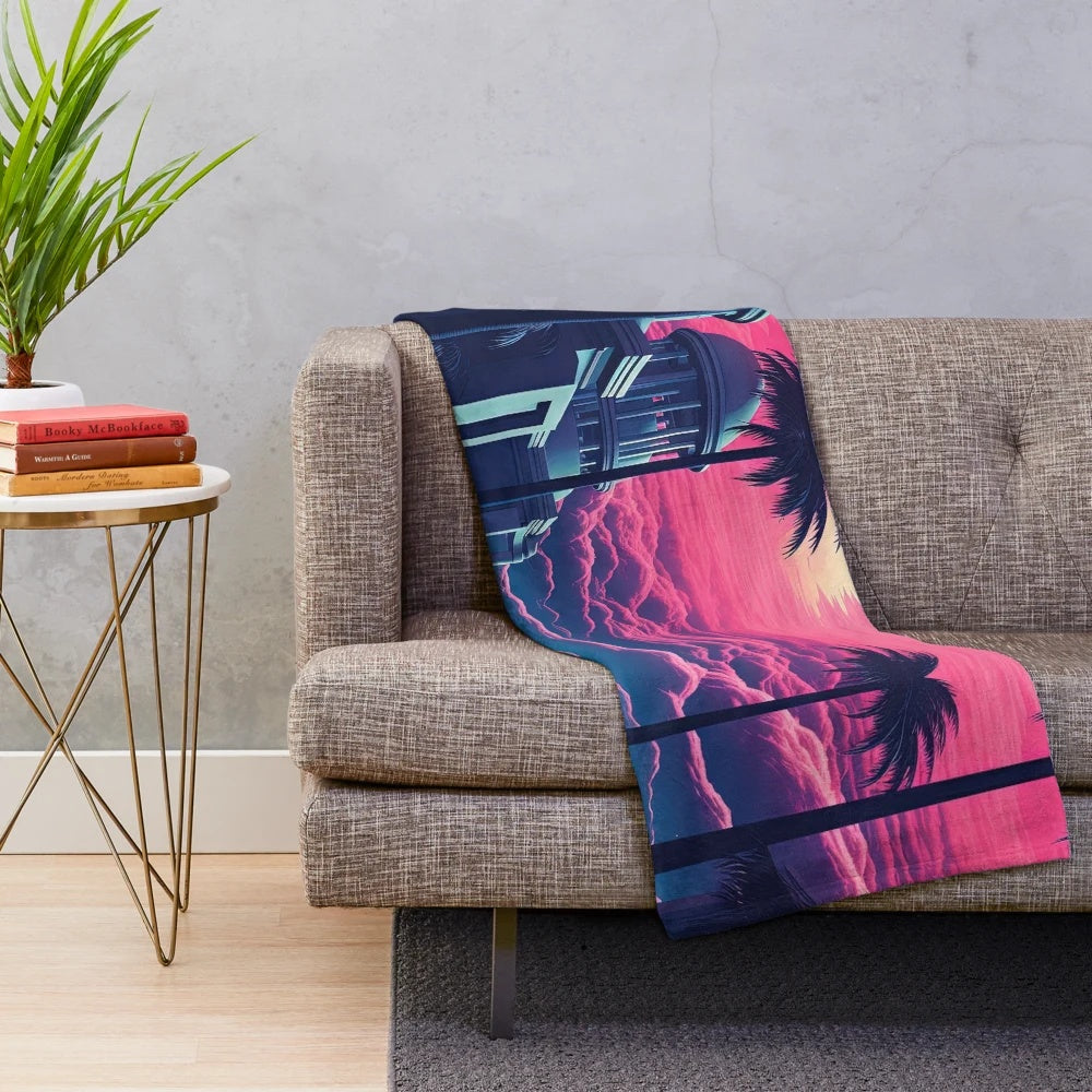 Vaporwave-inspired plush blanket with cosmic, pastel-colored design