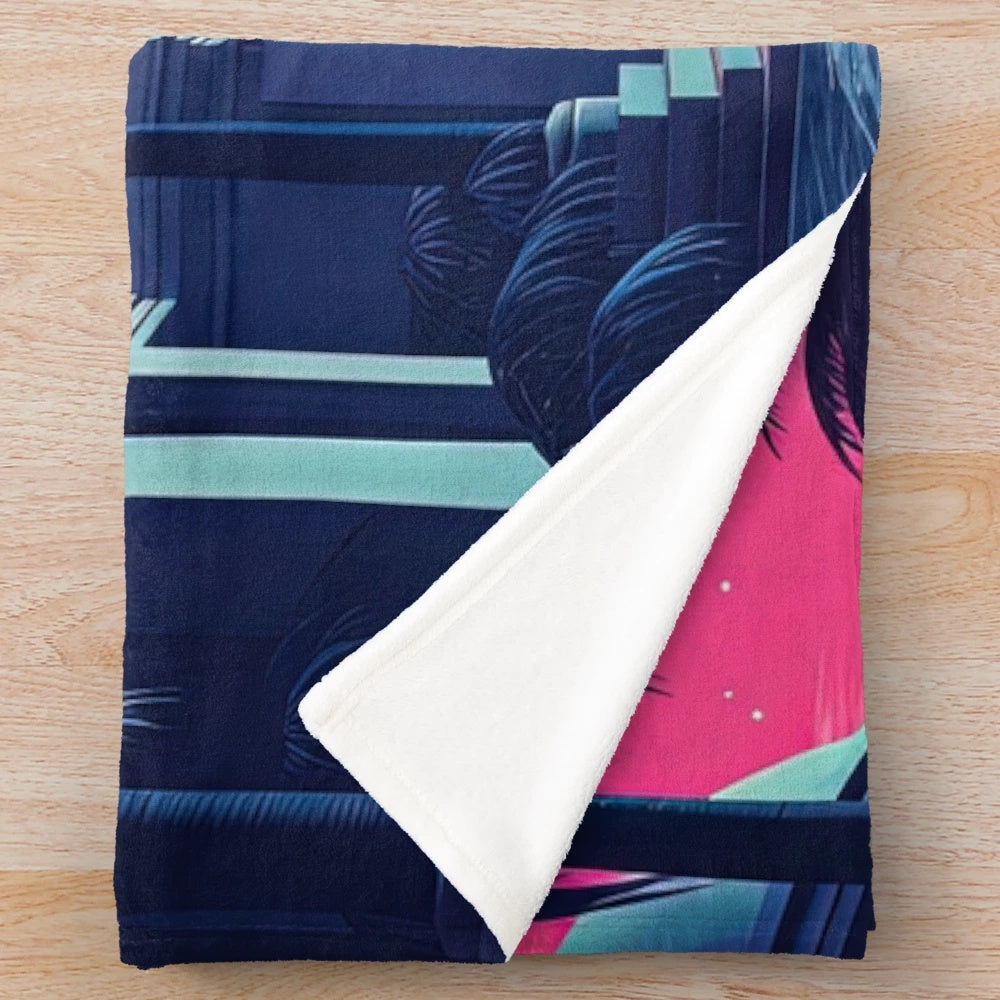 Vaporwave-inspired plush blanket with cosmic, pastel-colored design
