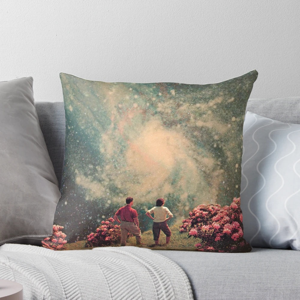 Vintage-inspired pillow featuring a surreal, cosmic landscape design with a couple embracing under the stars