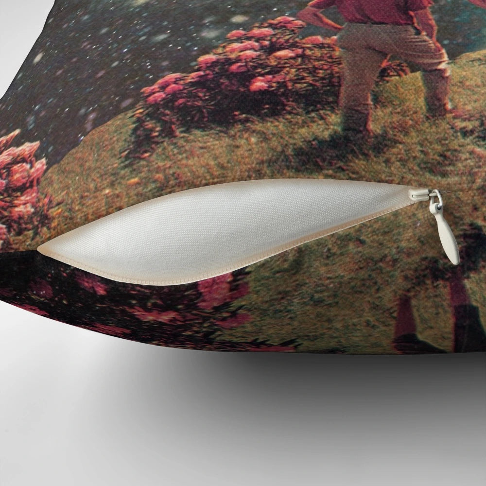 Vintage-inspired pillow featuring a surreal, cosmic landscape design with a couple embracing under the stars