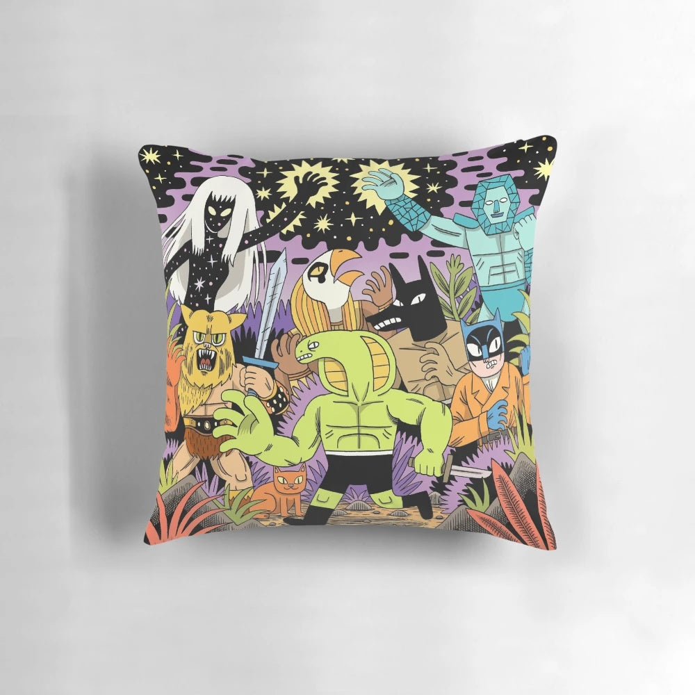 Cosmic Warriors Pillow featuring a cosmic, adventure-themed design with cats, snakes, and other cosmic elements