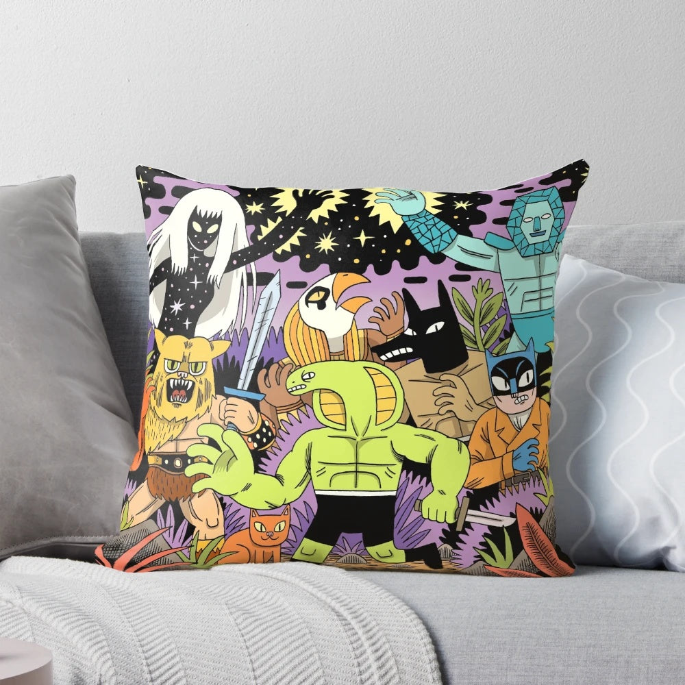 Cosmic Warriors Pillow featuring a cosmic, adventure-themed design with cats, snakes, and other cosmic elements