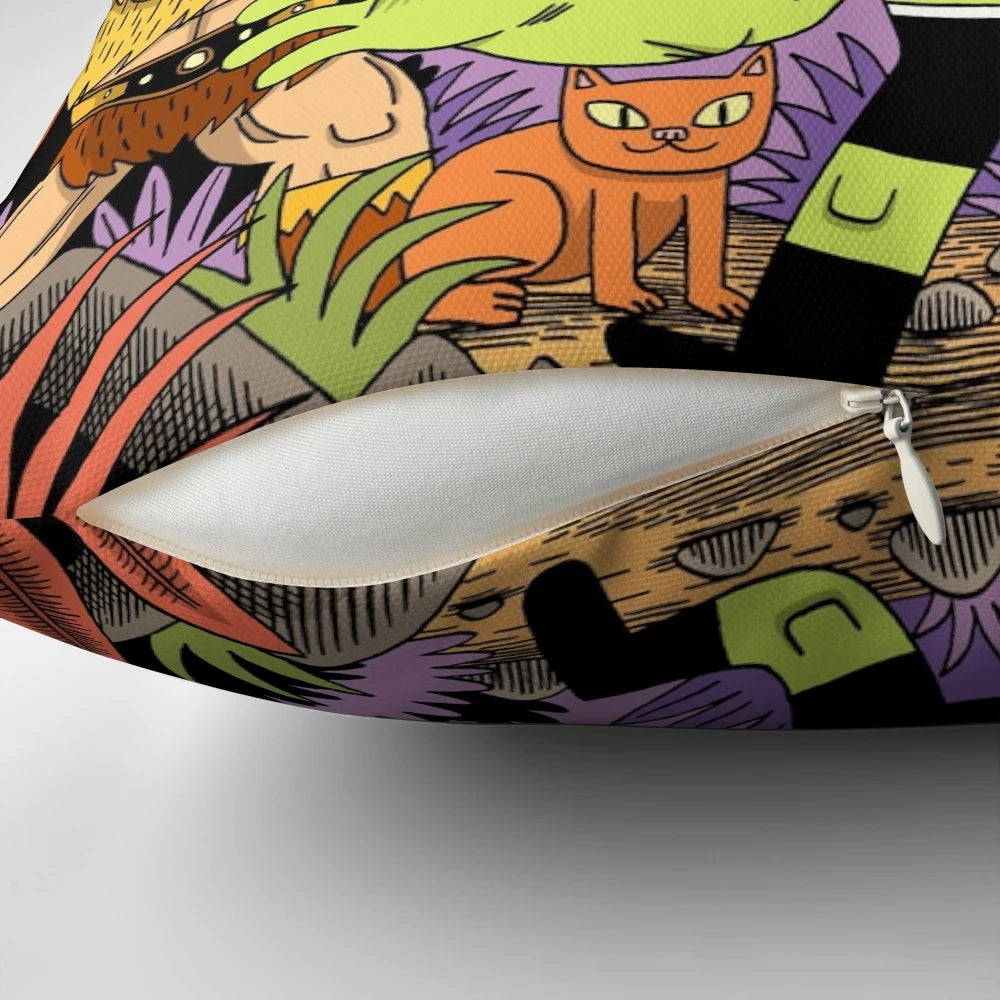 Cosmic Warriors Pillow featuring a cosmic, adventure-themed design with cats, snakes, and other cosmic elements
