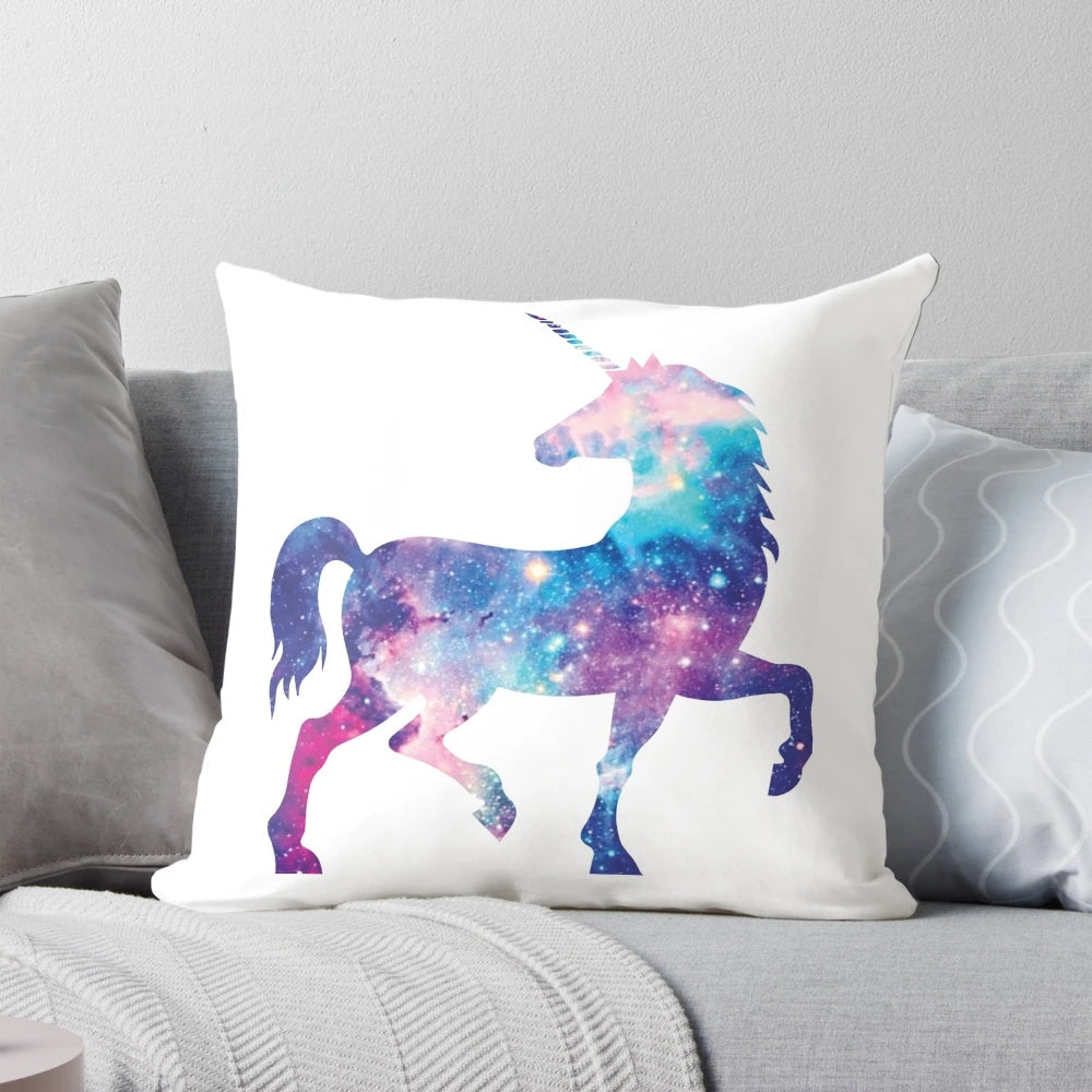 Vibrant cosmic watercolor unicorn throw pillow with a galaxy-inspired design, featuring a magical horn and glittery accents.
