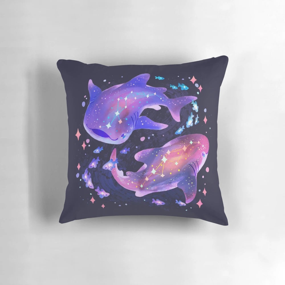 Colorful cosmic-themed pillow featuring a whale shark design in purple and blue hues
