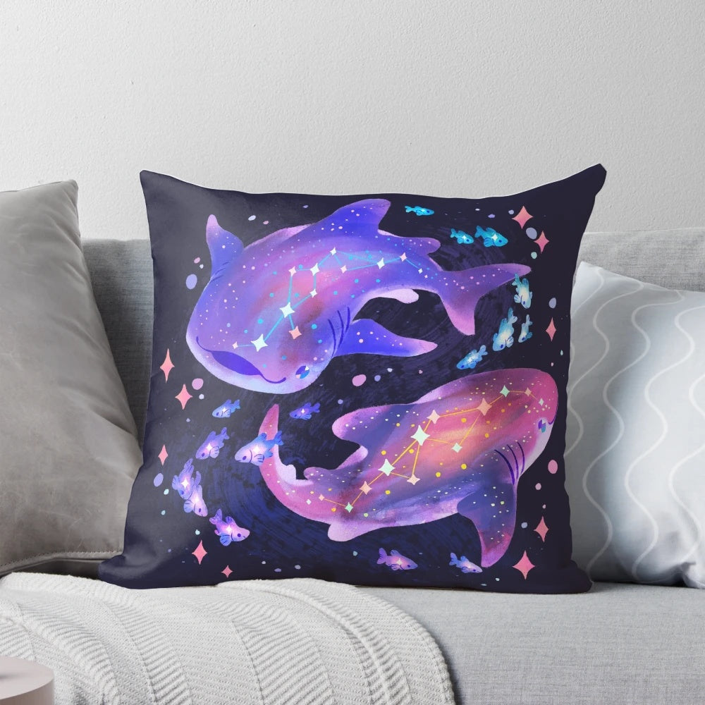 Colorful cosmic-themed pillow featuring a whale shark design in purple and blue hues