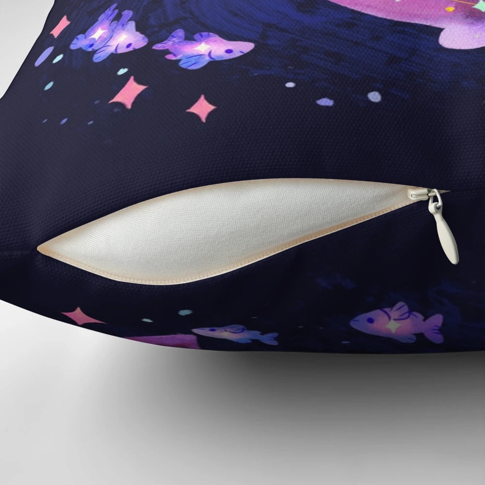 Colorful cosmic-themed pillow featuring a whale shark design in purple and blue hues