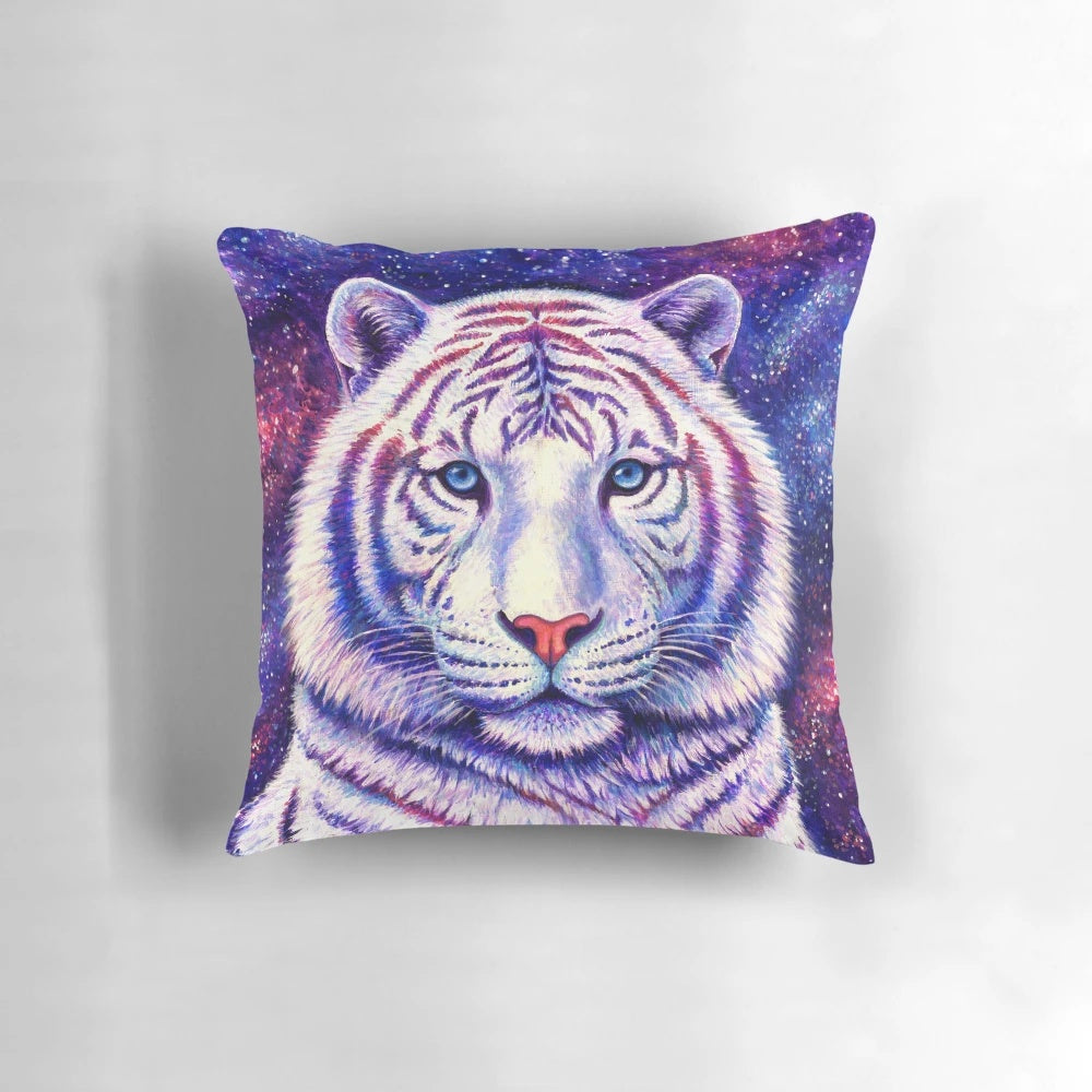 Vibrant cosmic white tiger pillow with a galaxy, stars, and purple-blue tones
