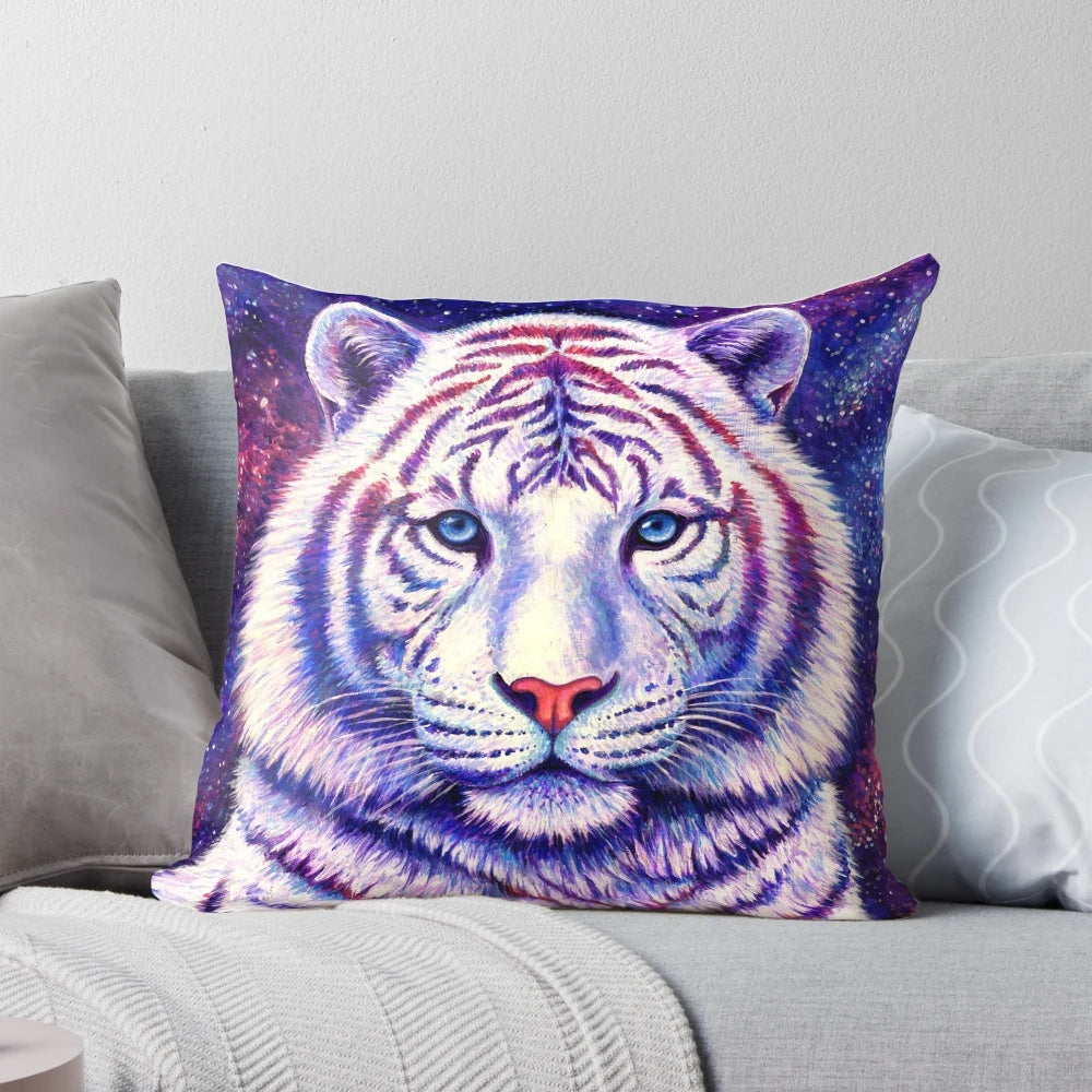 Vibrant cosmic white tiger pillow with a galaxy, stars, and purple-blue tones