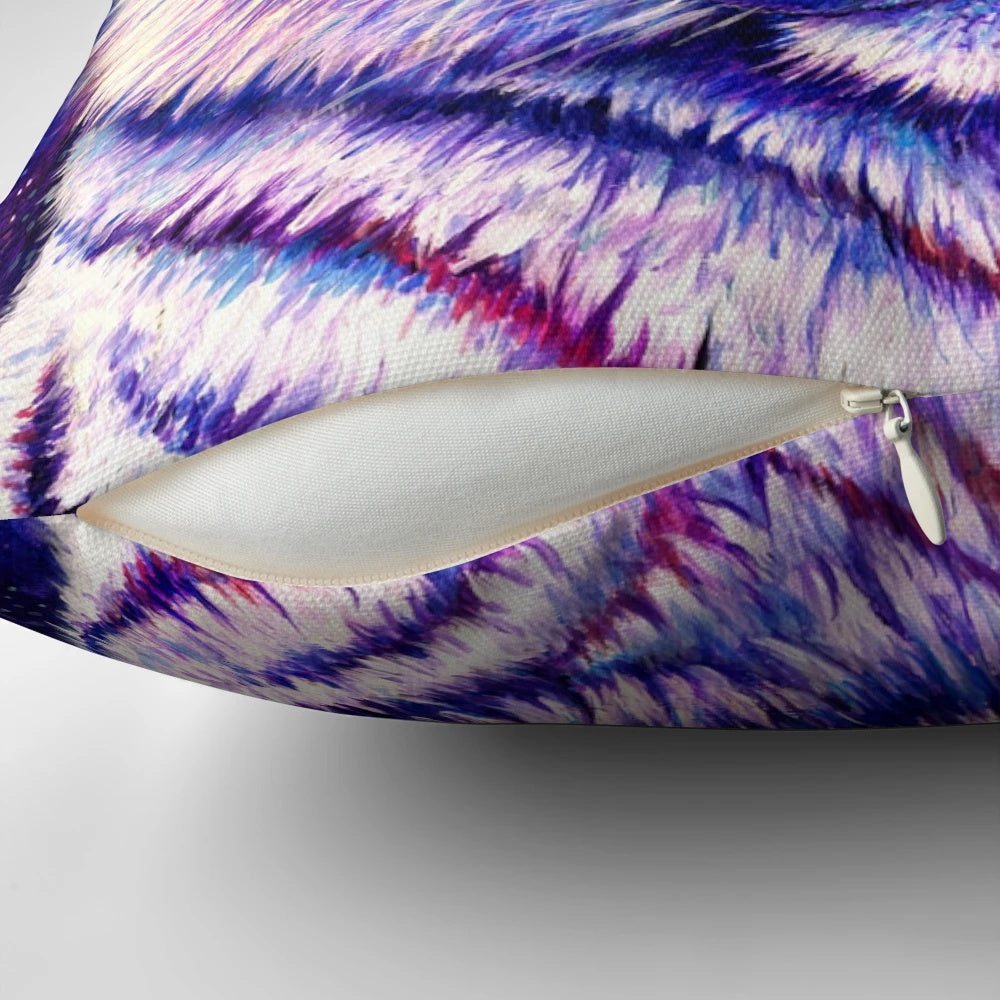 Vibrant cosmic white tiger pillow with a galaxy, stars, and purple-blue tones