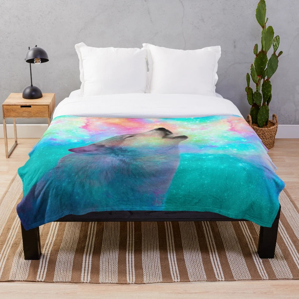 Plush blanket with cosmic wolf design in surreal dreamscape